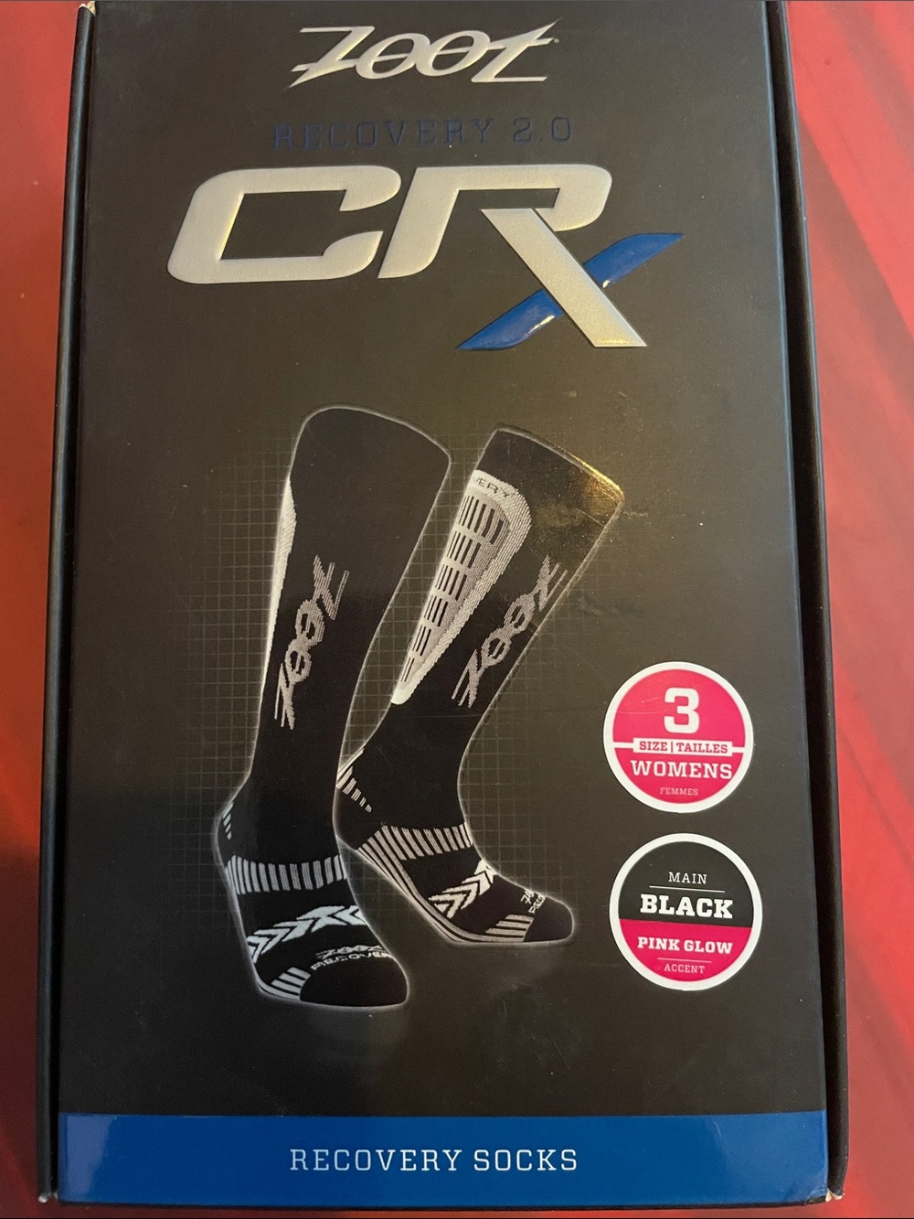 New in Box Zoot Women's Black Recovery Socks with Pink Glow Accents